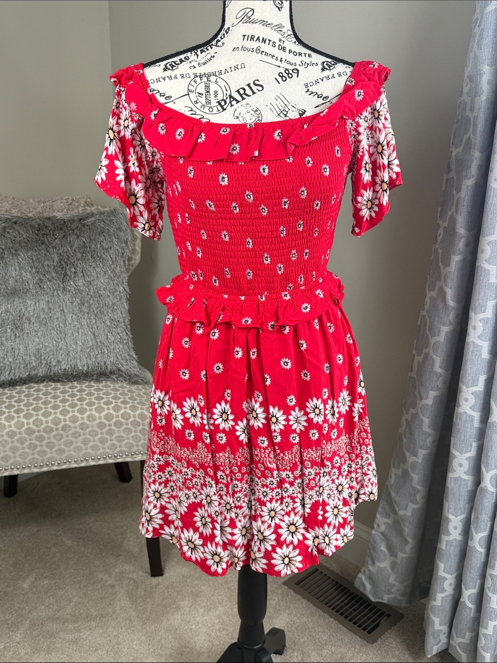 Red Floral Off-Shoulder Smocked Dress